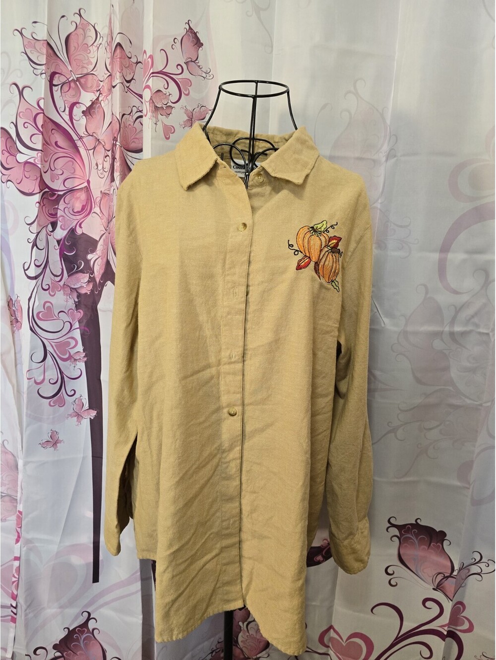 Country Store Womens 1X Long Sleeve Button Up Shirt Tan Embroidered Pumpkin